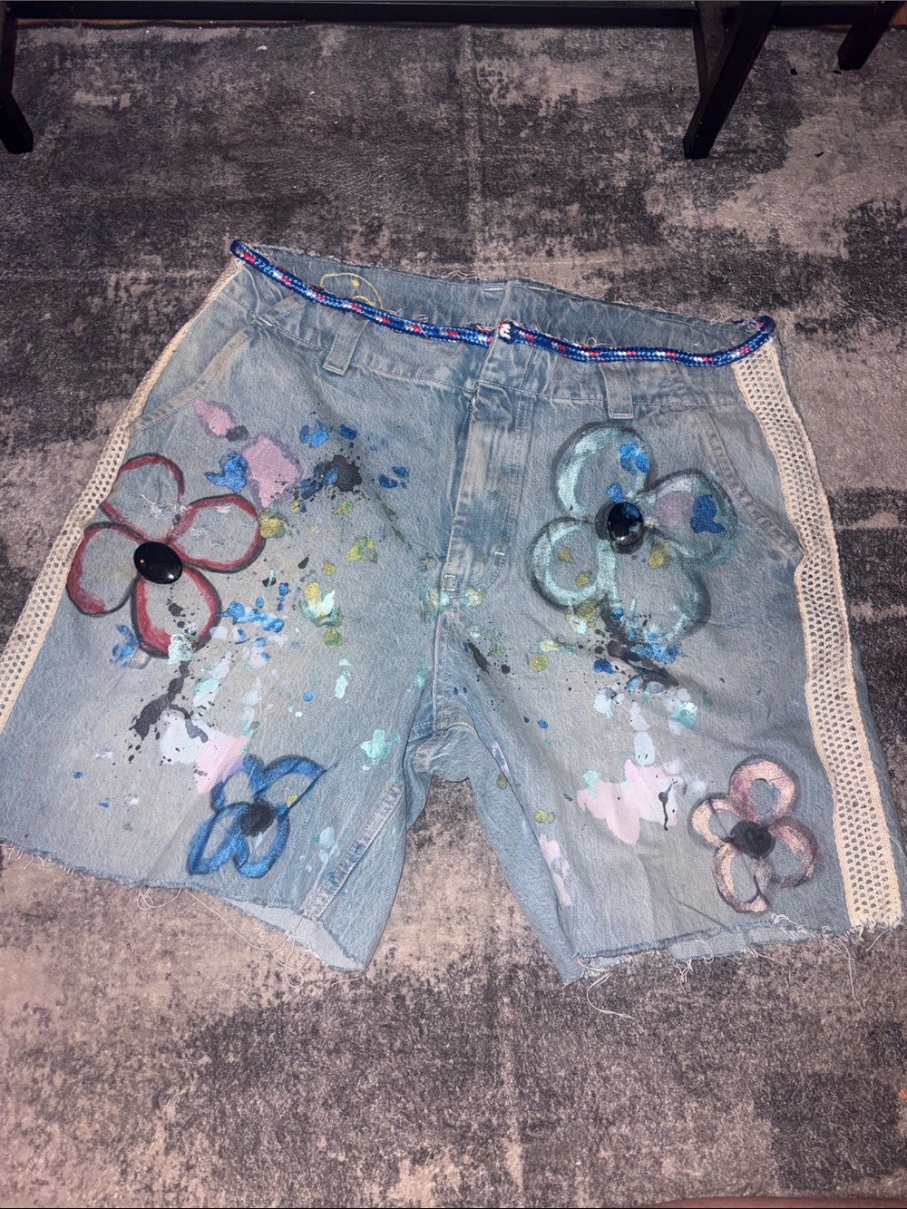 Light Blue Painted Denim Jean Shorts with Floral Accents